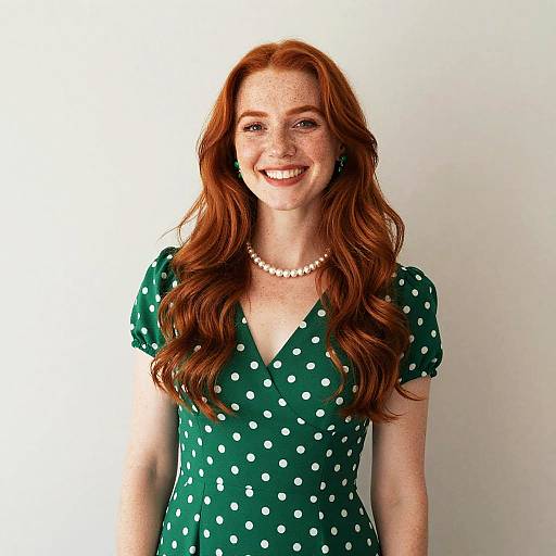 Smiling Redhead Woman in Green Polka Dot Dress with Pearl Necklace