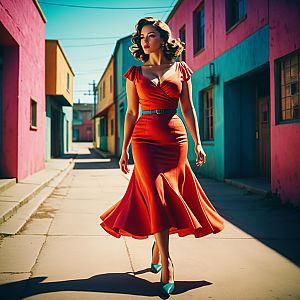 Stylish Woman in Red Dress on Vibrant Street