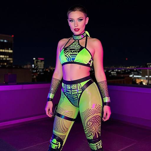 Neon Futuristic Woman in Cyberpunk Outfit on Rooftop at Night