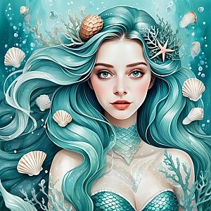 Underwater Woman with Turquoise Hair and Seashells