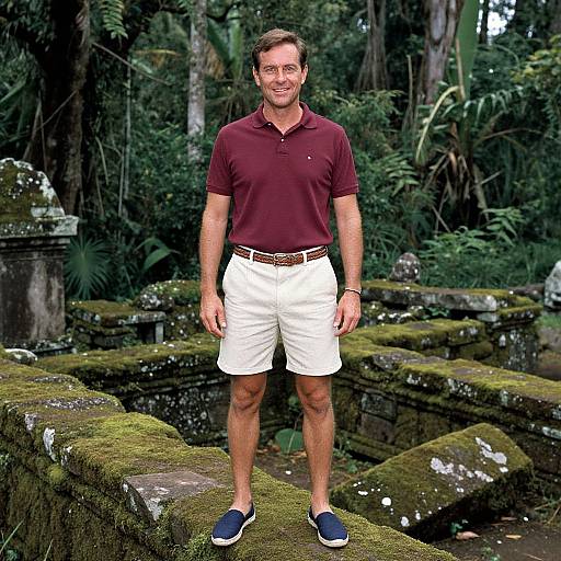 Man Standing in Mossy Ancient Stone Ruins in Tropical Forest