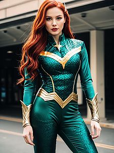 Woman Cosplaying as Mera in Realistic Green and Gold Costume