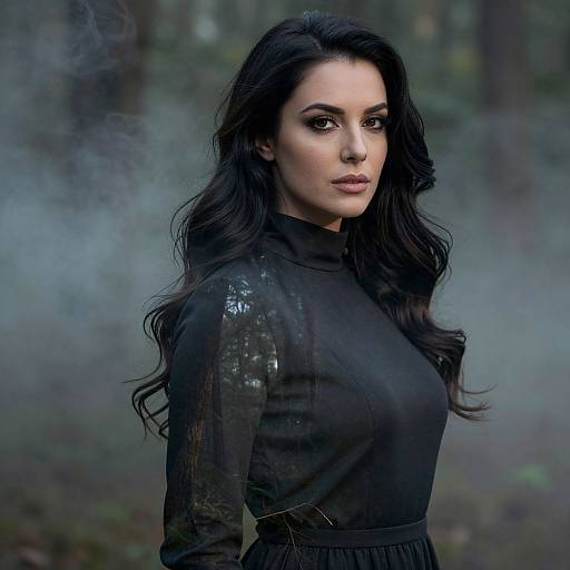 Portrait of Woman in Black Dress in Misty Forest