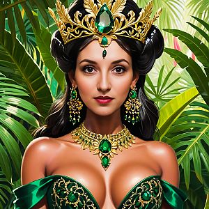 Regal Woman in Emerald Gown with Gold Embroidery