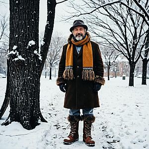 Man in Winter Attire in Snowy Park