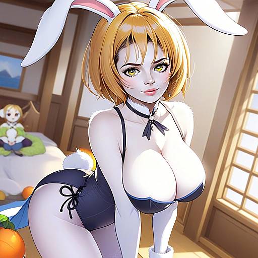 Anime Girl in Black Bunny Costume with Orange Hair and Bunny Ears
