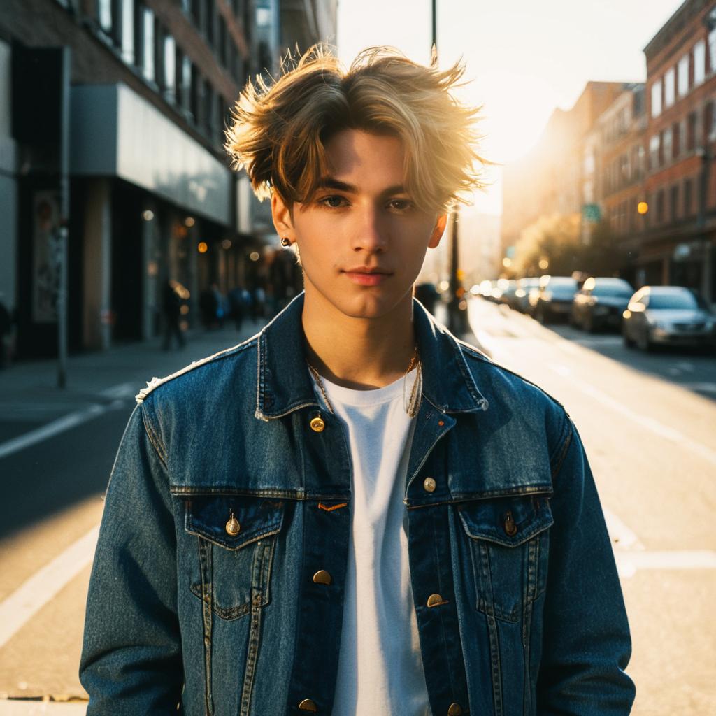 Stylish Young Man in Denim Jacket on City Street at Sunset