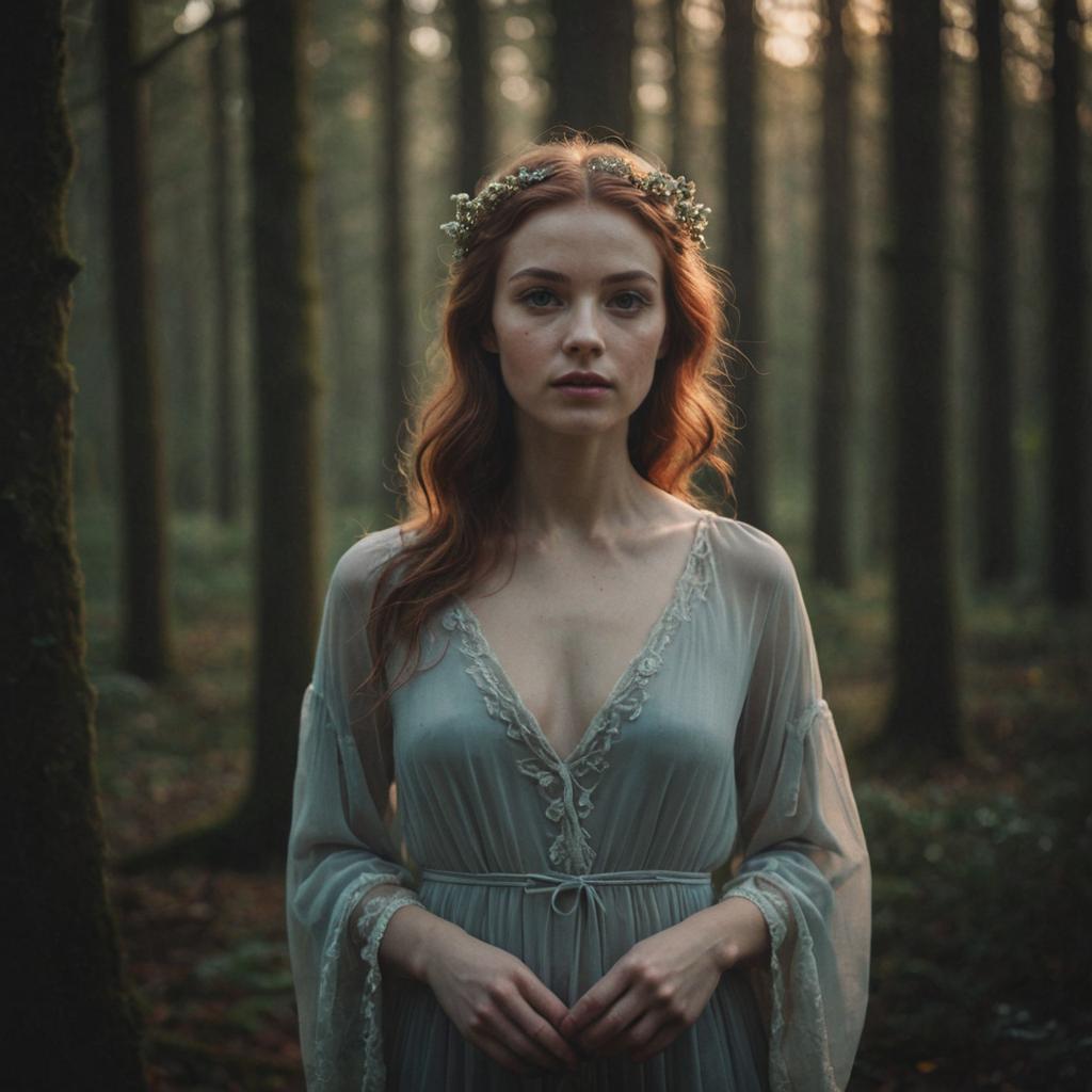 Young Woman in Ethereal Gown in Forest