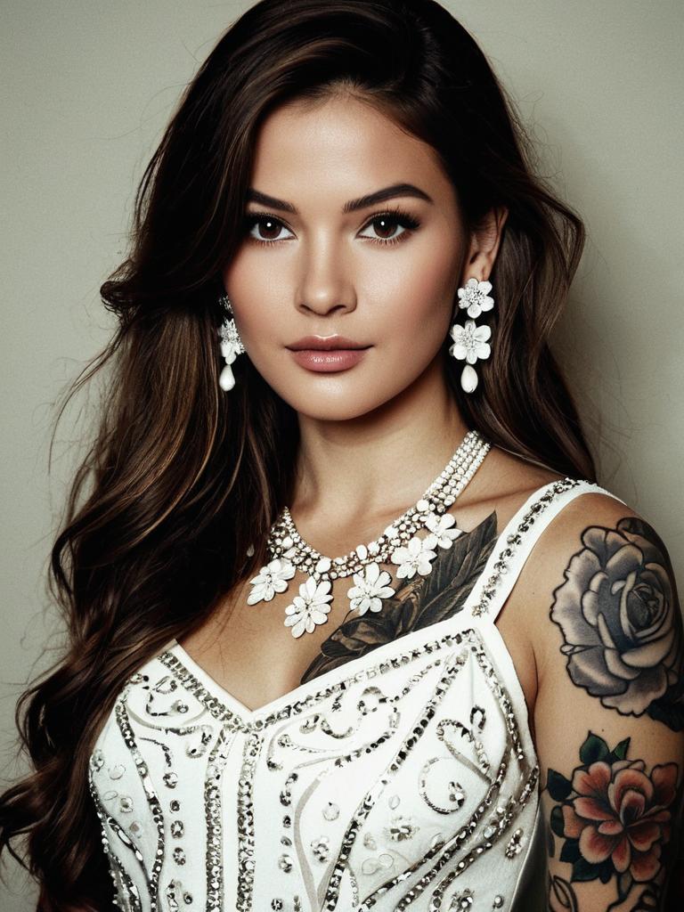 Woman in White Embellished Dress with Floral Jewelry and Tattoos