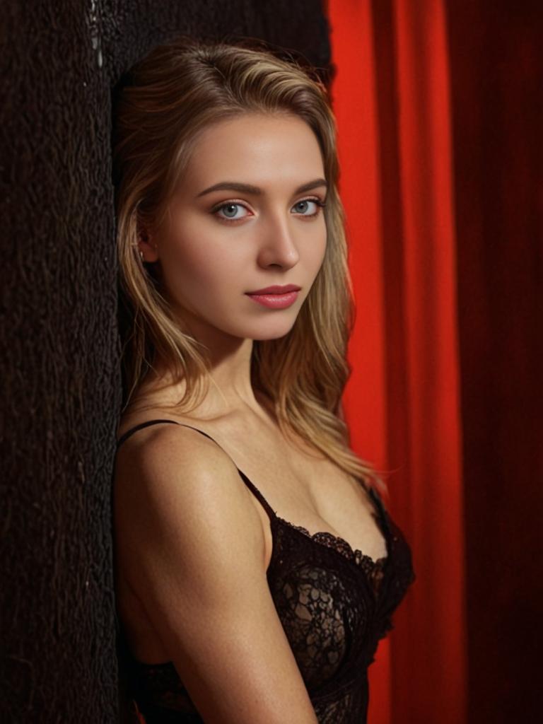 Blonde Woman in Black Lace Top Against Red Wall