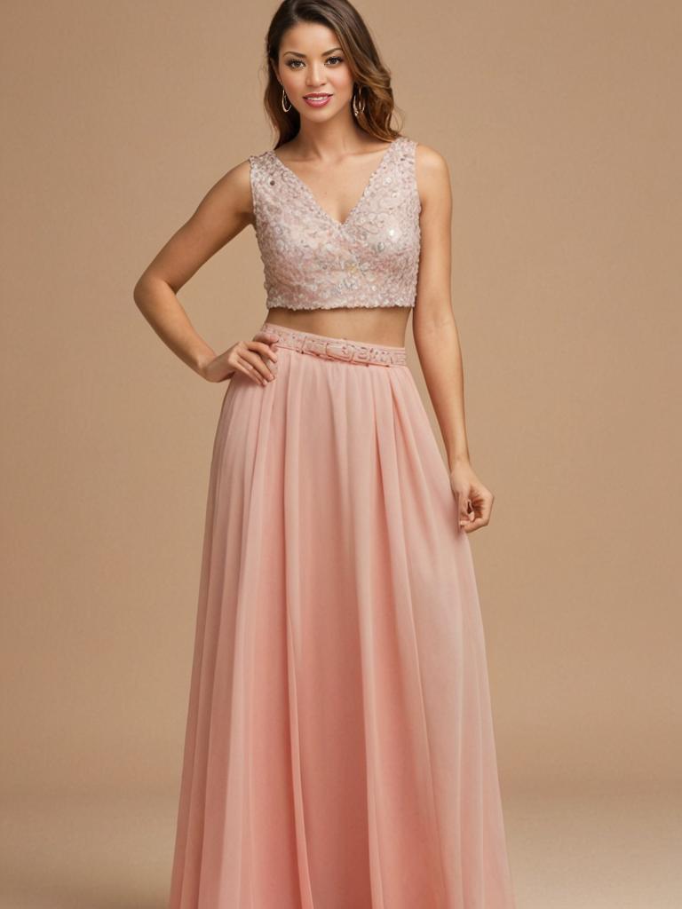 Elegant Woman in Beaded Crop Top and Peach Skirt