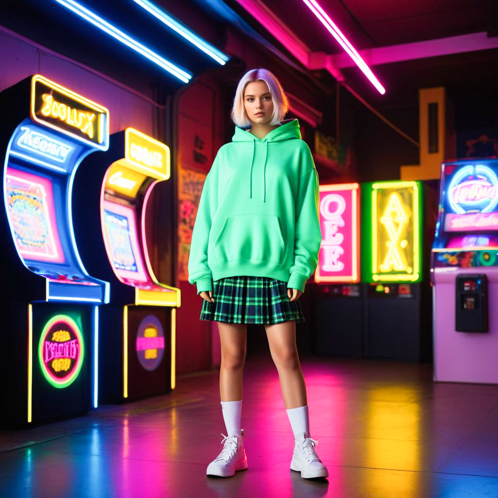 Stylish Woman in Arcade with Neon Lights