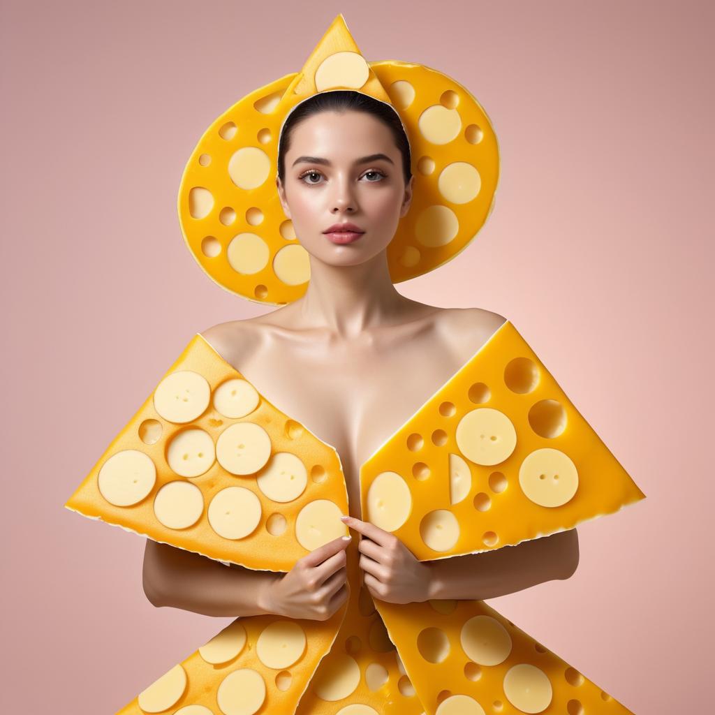 Woman in Creative Cheese-Themed Outfit