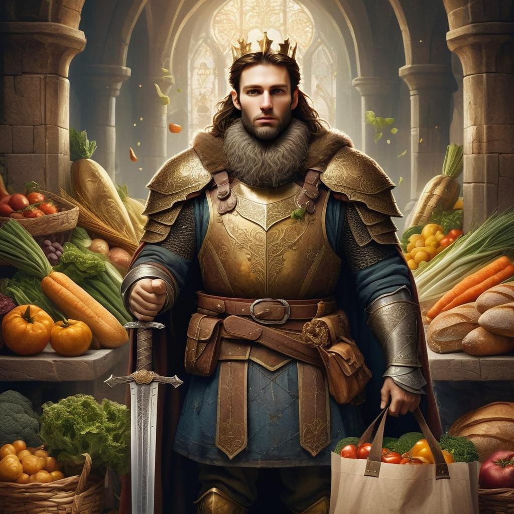 Medieval Knight Holding Sword and Grocery Bag with Fresh Vegetables