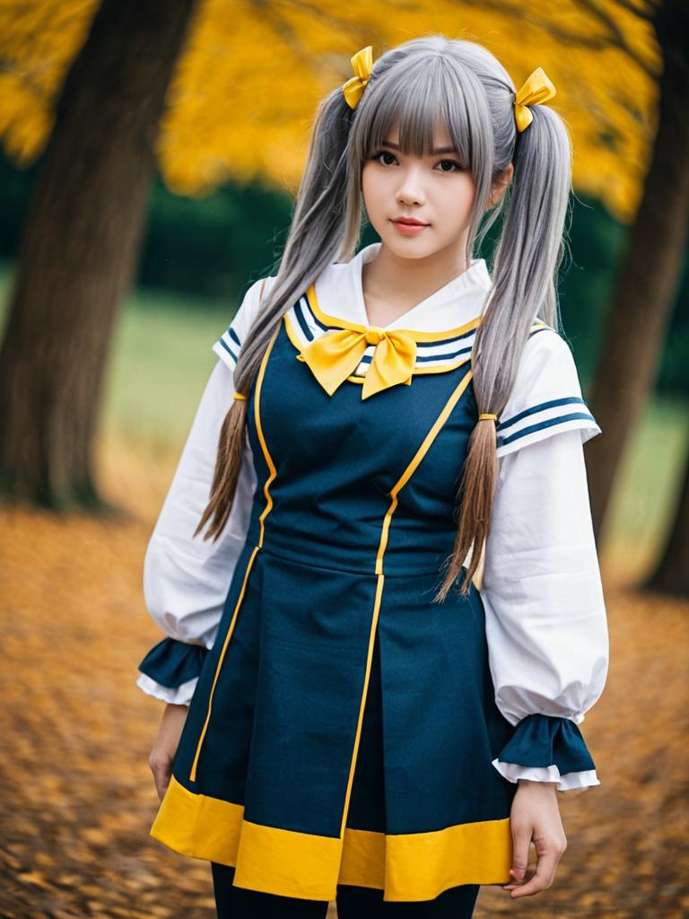 Young Woman in Navy and Yellow Sailor Outfit with Silver Twin Tails in Autumn
