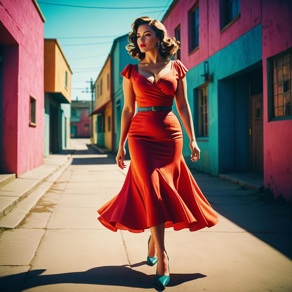 Stylish Woman in Red Dress on Vibrant Street