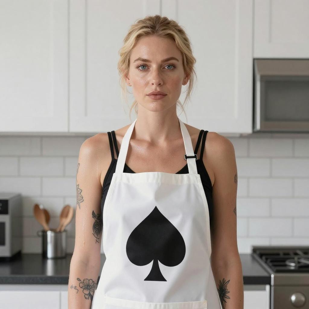 Blonde Woman in Modern Kitchen Wearing Spade Apron