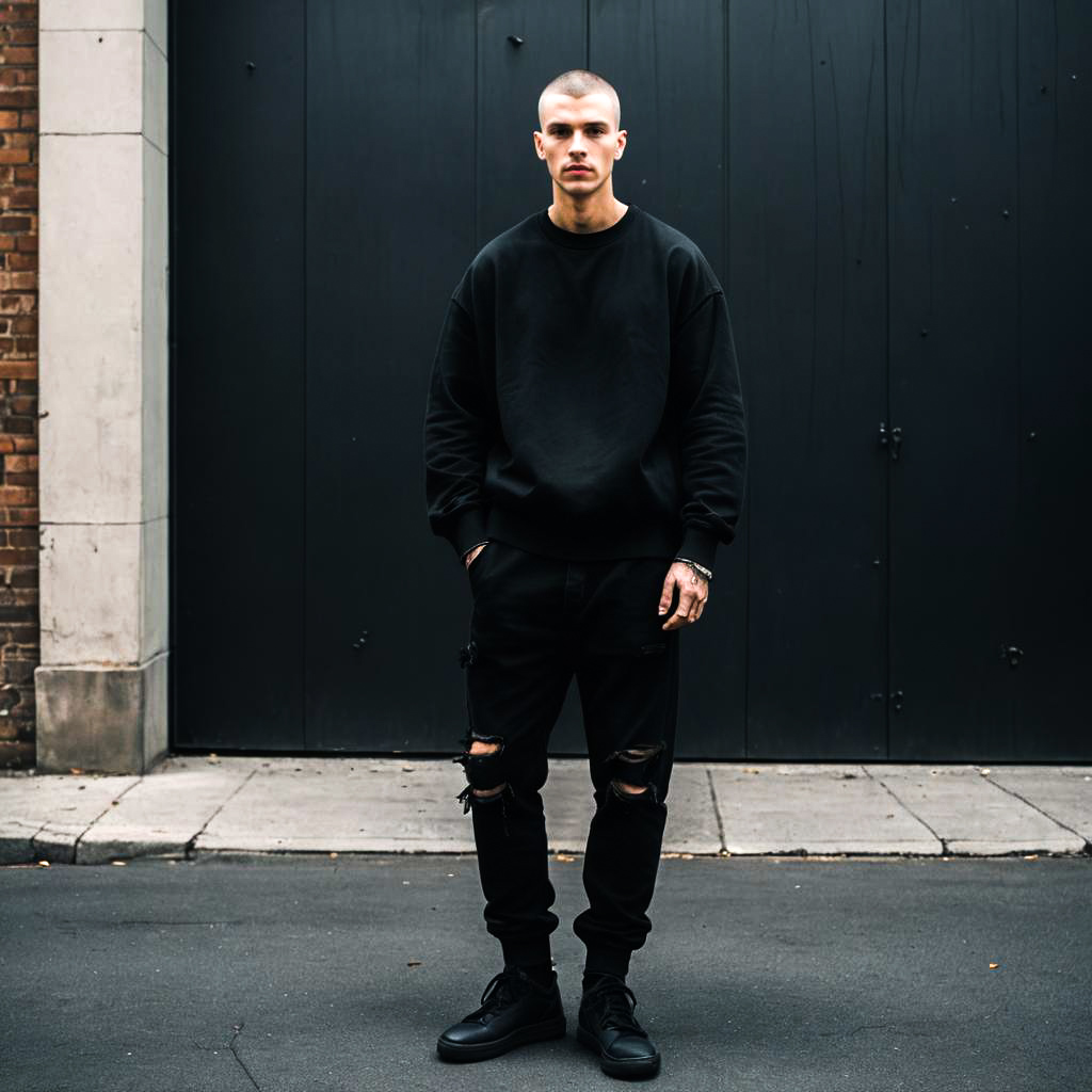 Confident Man in Urban Attire Against Industrial Wall