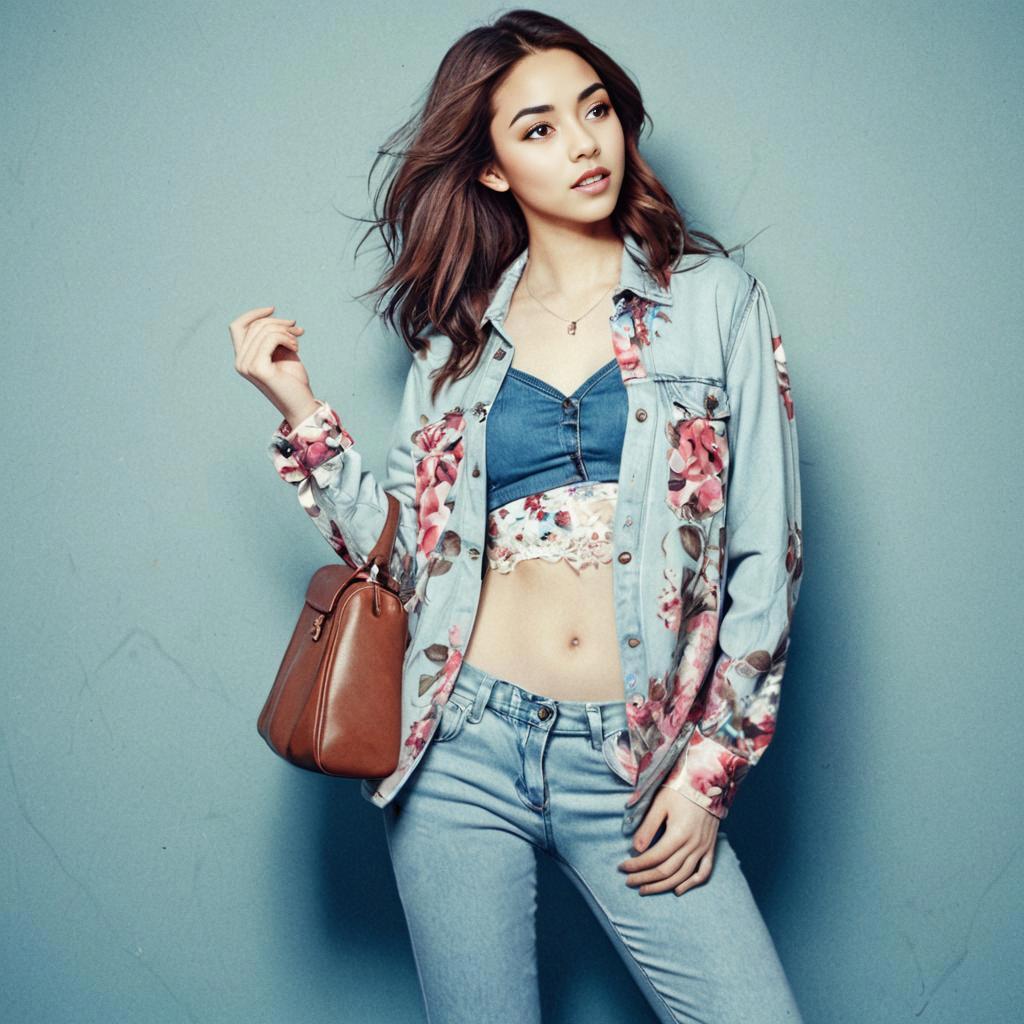 Trendy Young Woman in Floral Denim Outfit with Brown Handbag