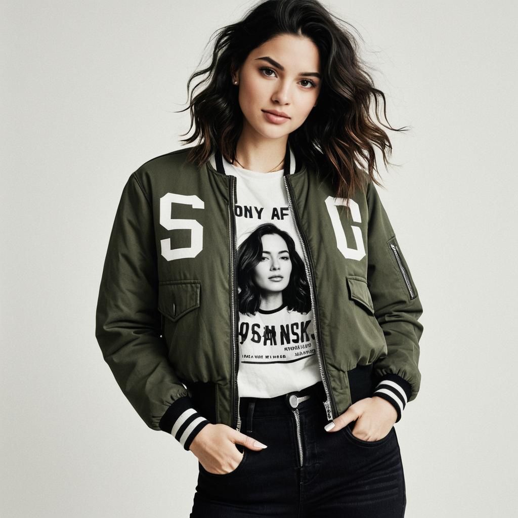 Woman Wearing Casual Olive Green Bomber Jacket with Zipped Front and Ribbed Cuffs