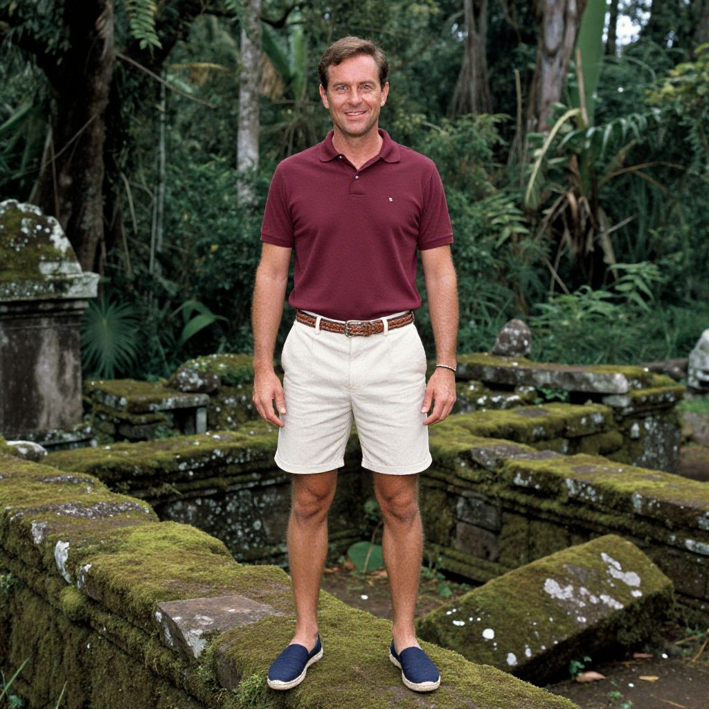 Man Standing in Mossy Ancient Stone Ruins in Tropical Forest