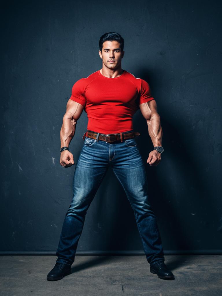 Muscular Man in Red Muscle Suit and Blue Denim Jeans Standing Confidently