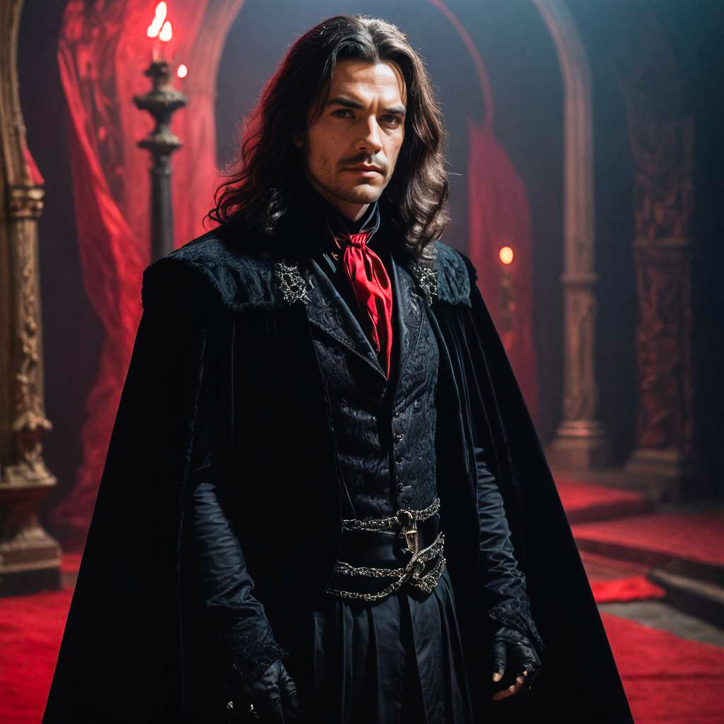 Gothic Male Model in Elegant Vampire Costume