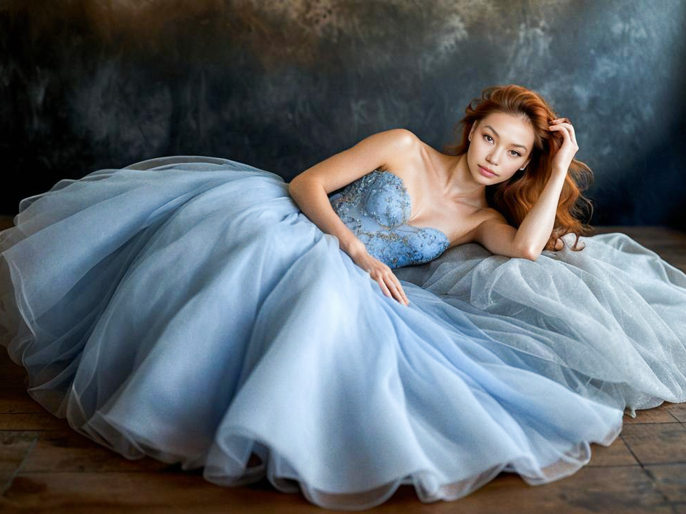 Elegant Woman in Flowing Blue Gown