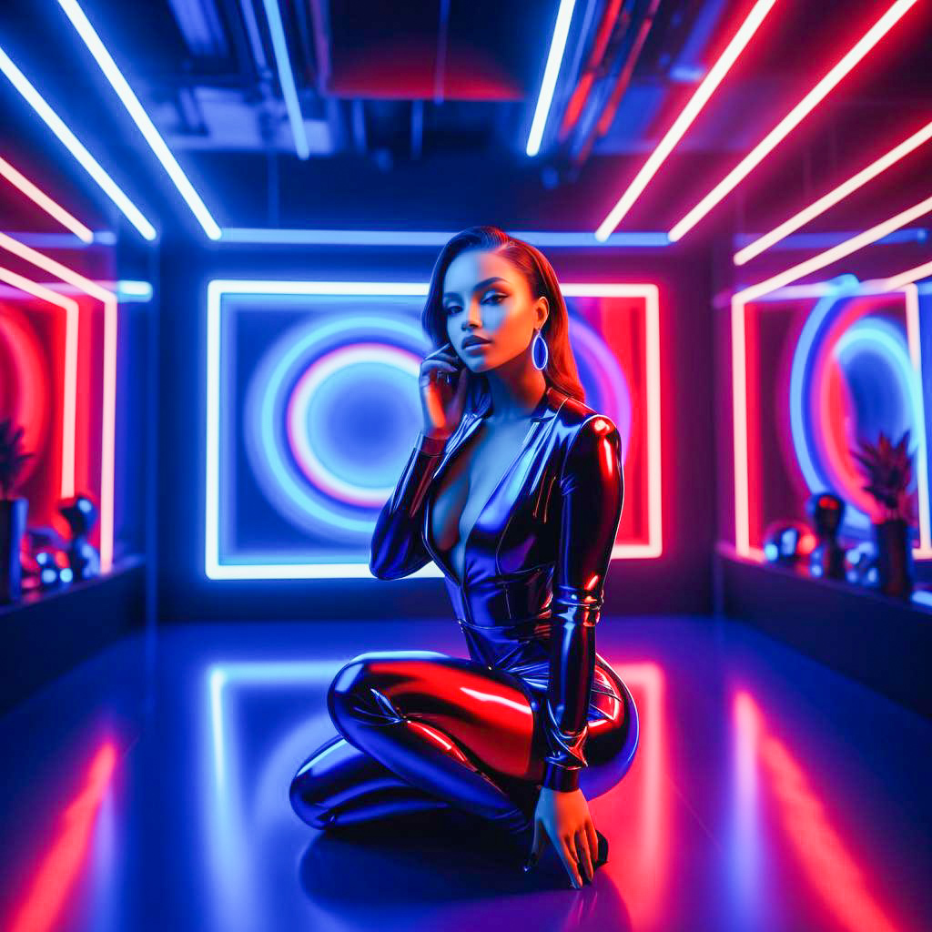 Woman in Glossy Outfit with Neon Lights