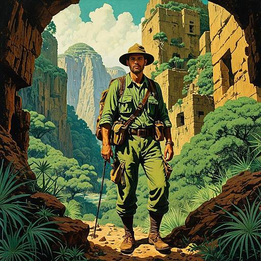 Explorer in Jungle Ruins Vintage Adventure Illustration