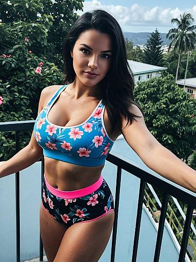 Woman in Floral Two-Piece Swimsuit on Tropical Balcony