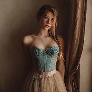 Young Woman in Vintage Corset and Tulle Skirt by Window