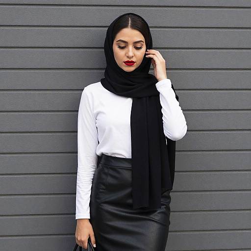Elegant Woman in Black Hijab and Leather Skirt Against Grey Wall
