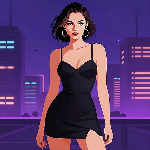 Stylish Woman in Black Dress Against Vibrant City Nightscape Digital Art