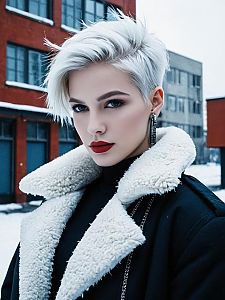 Fashionable Woman in Black Shearling Coat with Platinum Blonde Hair in Urban Winter