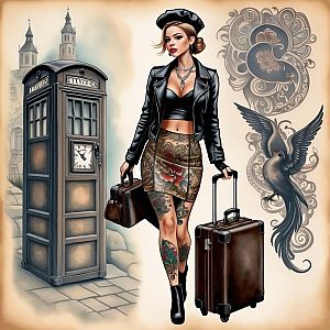 Stylish Woman with Tattoos in Chic Outfit and Suitcase