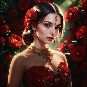 Portrait of a Woman with Red Flowers and Gold Jewelry