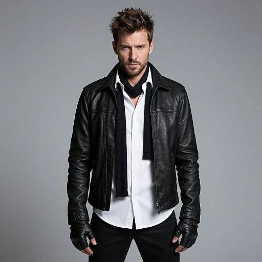 Confident Man in Black Leather Jacket and Scarf Fashion Portrait