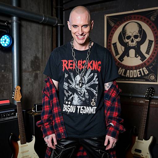 Bald Man in Punk Rock Style with Graphic T-Shirt and Chain Necklace in Music Room