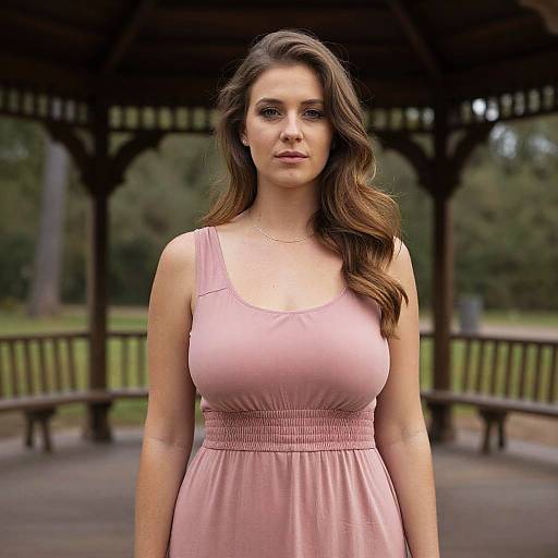 Hourglass Woman in Casual Chic Sleeveless Dusty Rose Dress Outdoors