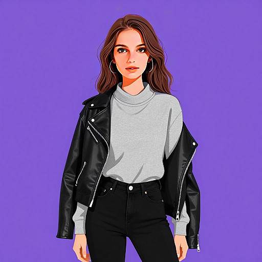 Casual Urban Fashion Woman in Grey Cowl Neck Sweater and Black Leather Jacket