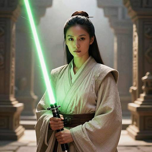 Woman in Jedi Robes Holding Green Lightsaber in Ancient Temple