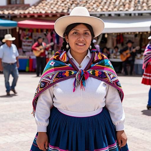 Traditional Andean Woman in Colorful Textile Shawl at Market