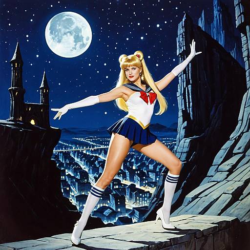 Sailor Moon Cosplay Woman Posing Under Full Moon Night Cityscape