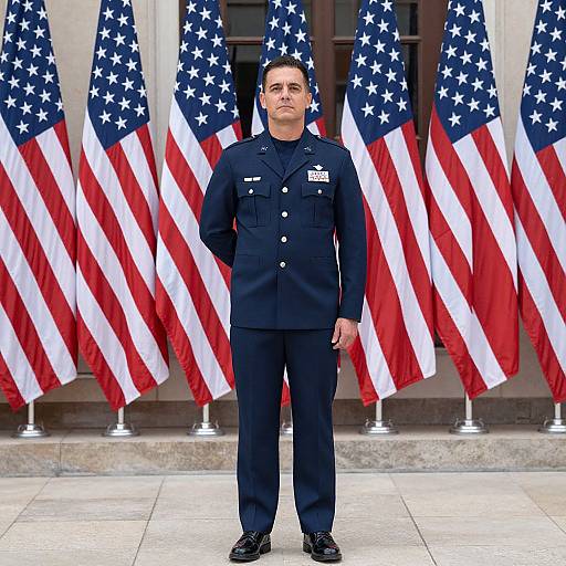 Military Officer Standing with American Flags Background