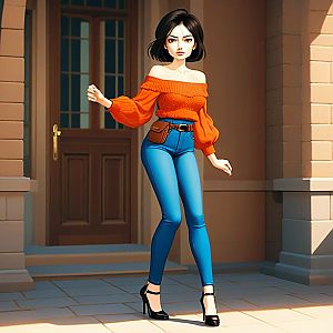 Confident Woman in Orange Blouse at Building Entrance