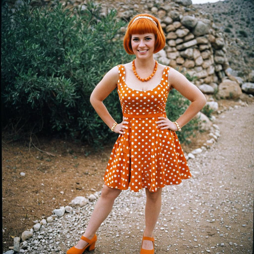 Woman in Orange Polka Dot Dress on Gravel Path