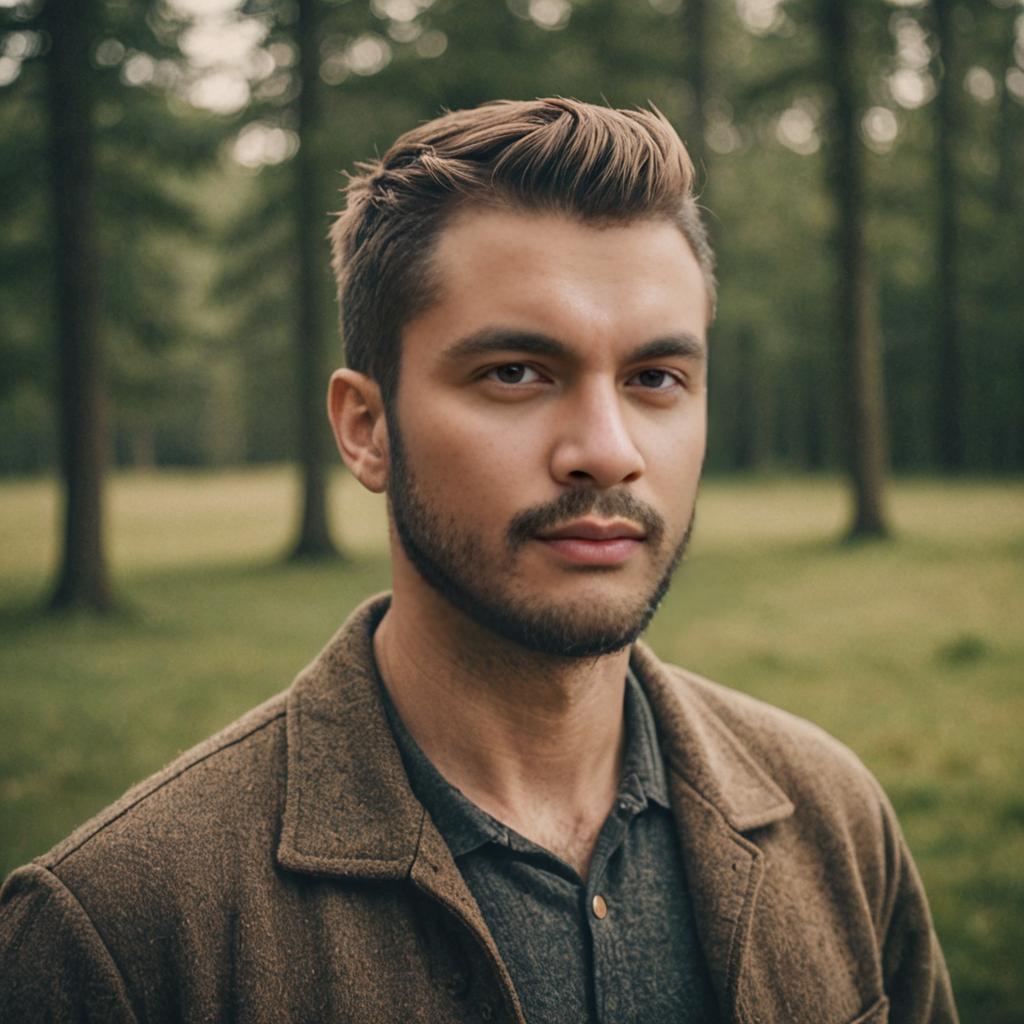 Confident Man with Trendy Viking Haircut in Rustic Outdoor Setting