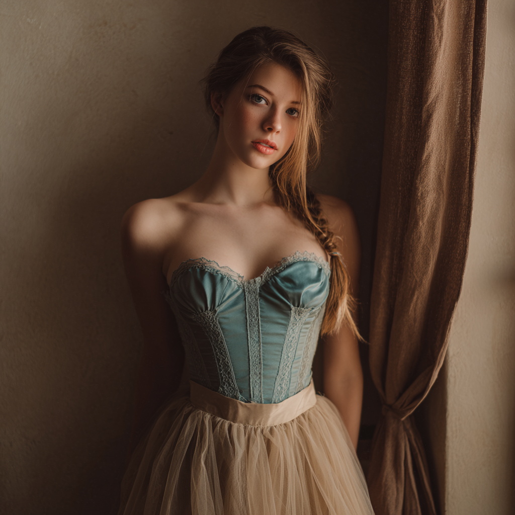 Young Woman in Vintage Corset and Tulle Skirt by Window