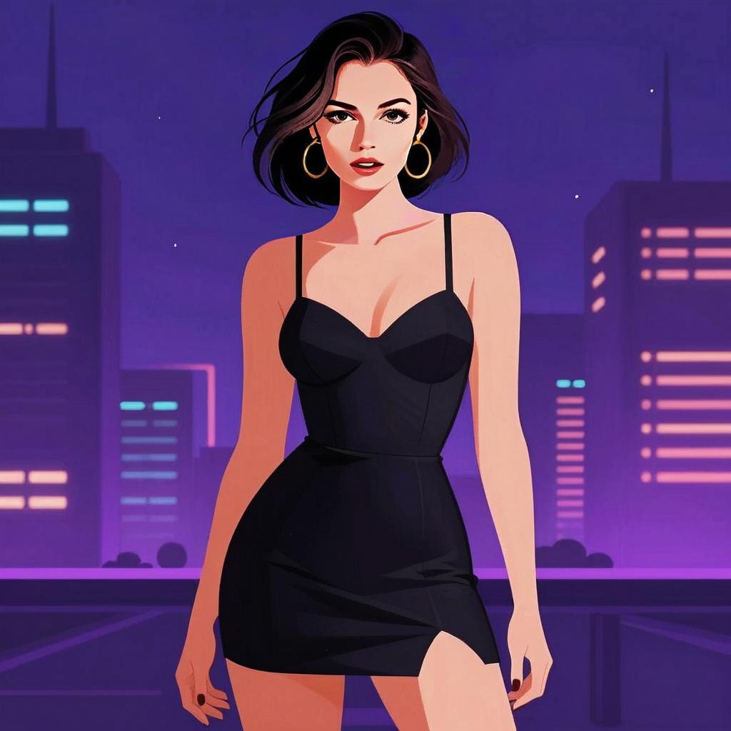Stylish Woman in Black Dress Against Vibrant City Nightscape Digital Art